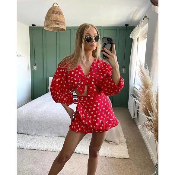 Linen Blend Red Set Zara Skort and Top new - Picture 4 of 15